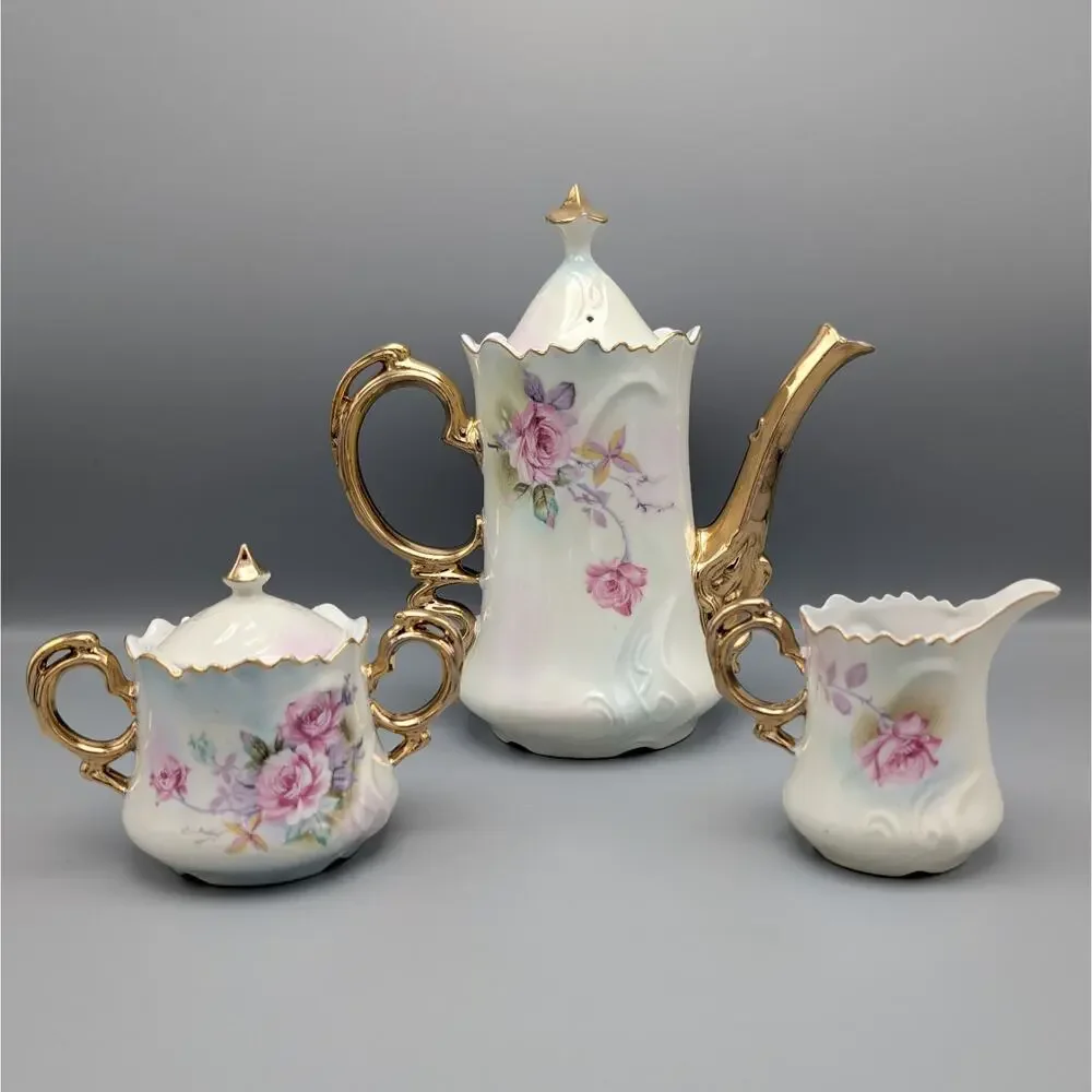 Vintage Lefton China Pink Rose Tea Set Teapot 6570 Sugar Creamer 6571 Gold Gilt